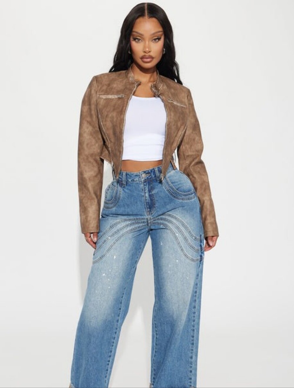 Fashion Nova Taupe Brown Cropped Moto Jacket - Picture 2 of 7